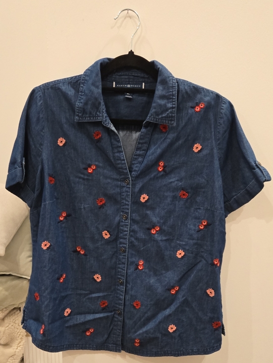 Karen Scott Tops - Karen Scott Blue Denim Short Sleeve Shirt with Red and Pink Floral Embroidery